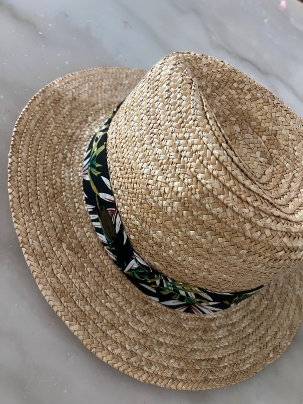 Straw Fedora Sun Hat with Black Tropical Band